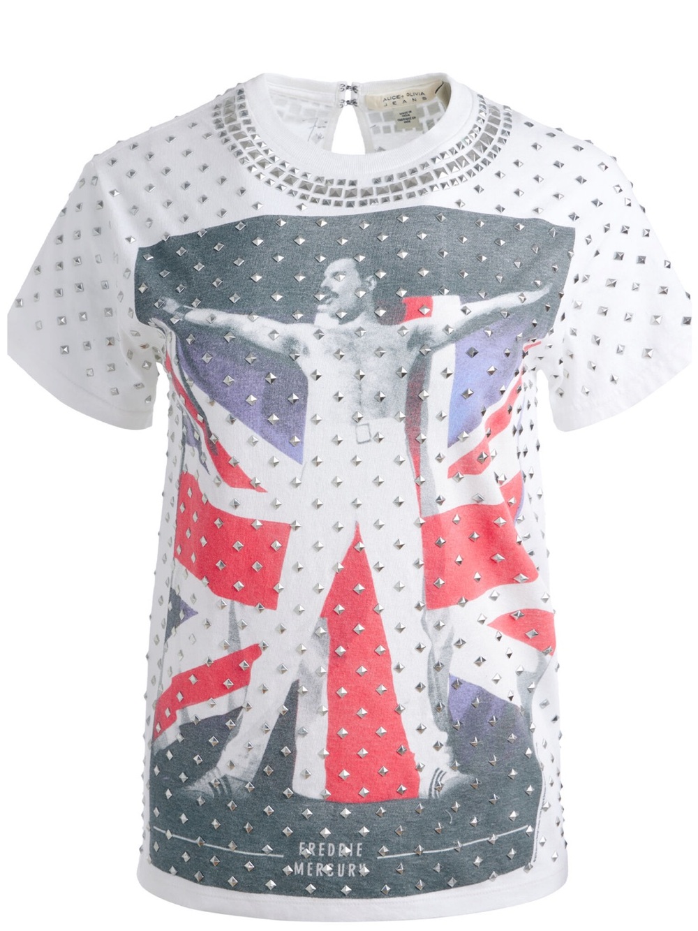 Alice + Olivia White Studded Graphic Tee with Red & Blue Flag